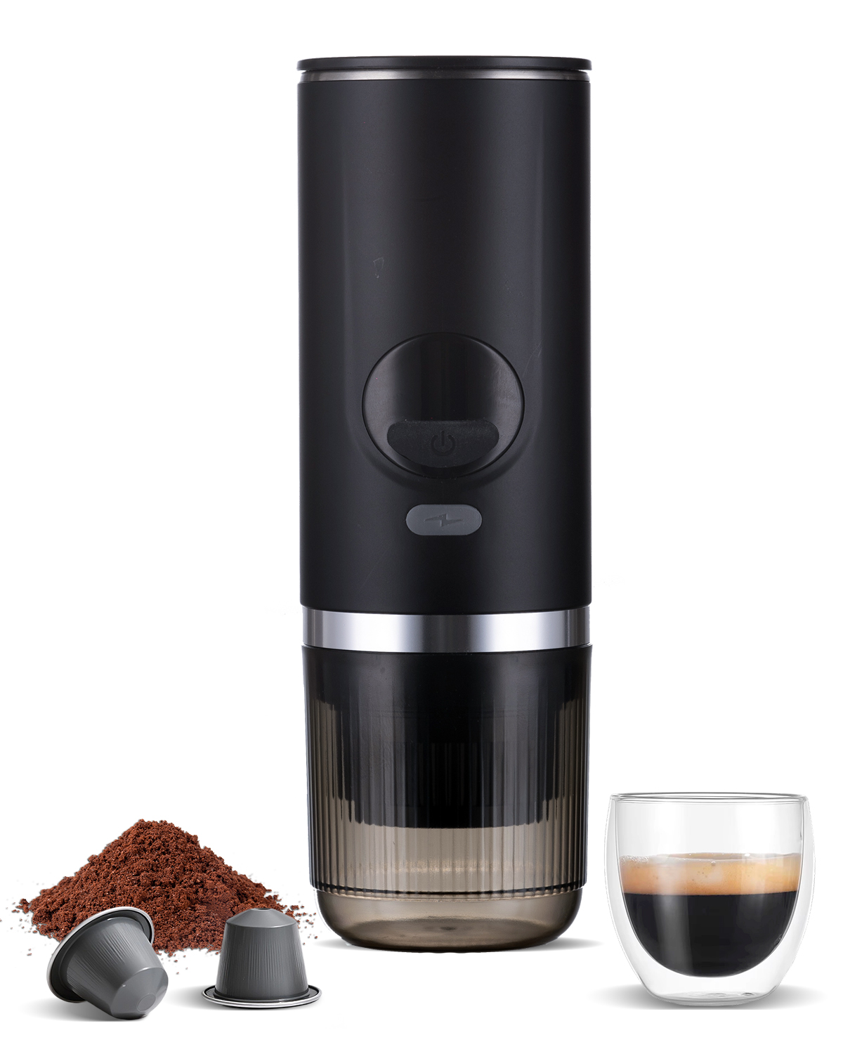 Portable black espresso maker with coffee capsule and espresso