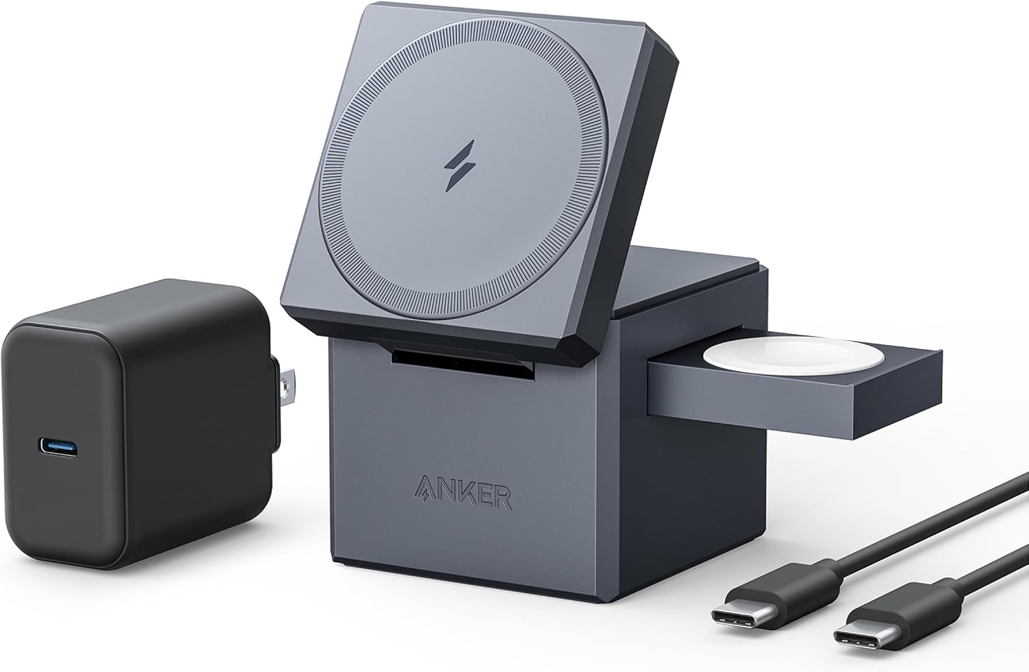 Black wireless charging station with built-in cables